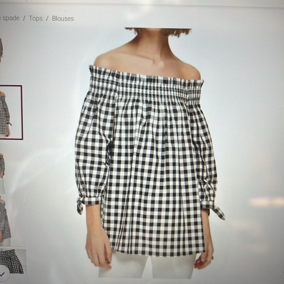 Kate Spade Gingham/Checked Black and White Off Shoulder Top XXS 3/4 Tie Sleeves - Picture 12 of 12